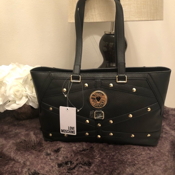 NEW WITH TAGS LOVE MOSCHINO BORSA GENUINE LEATHER BLACK STUD SHOULDER BAG - Picture 1 of 6